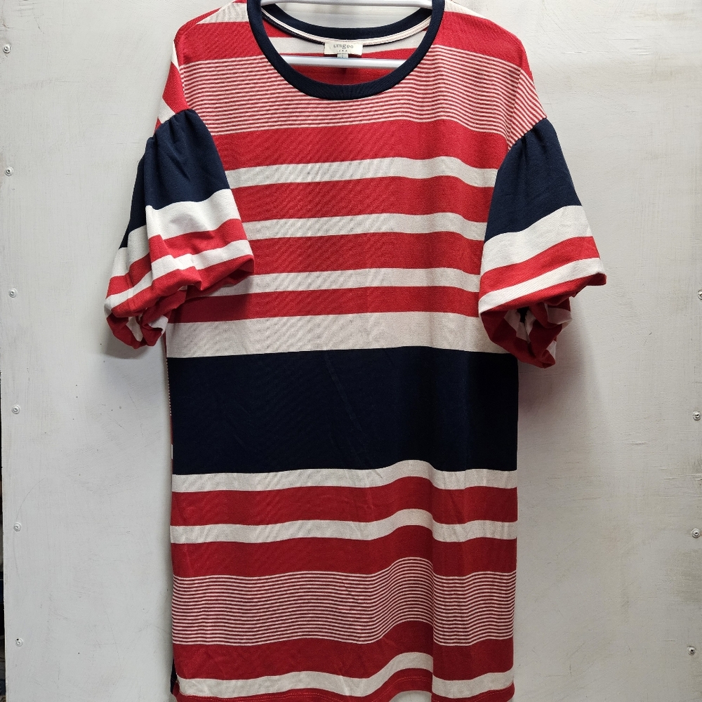 Umgee USA red/white/blue striped oversized tunic style shirt dress ~ womens Lg